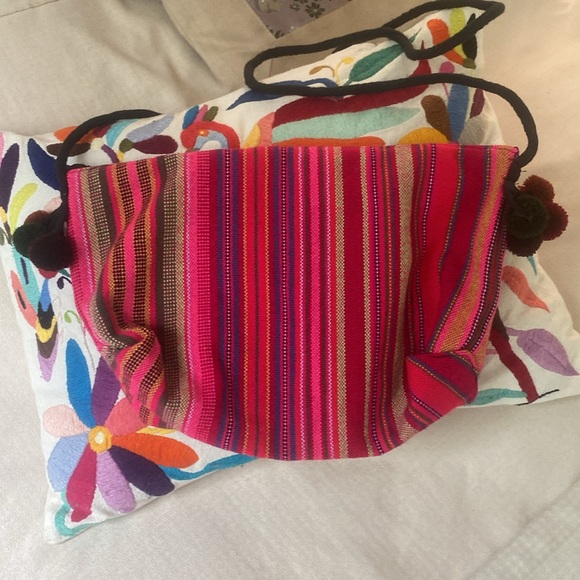 mexican fabric striped colorful w neon fabric cross body purse, w pom pom - Picture 11 of 12
